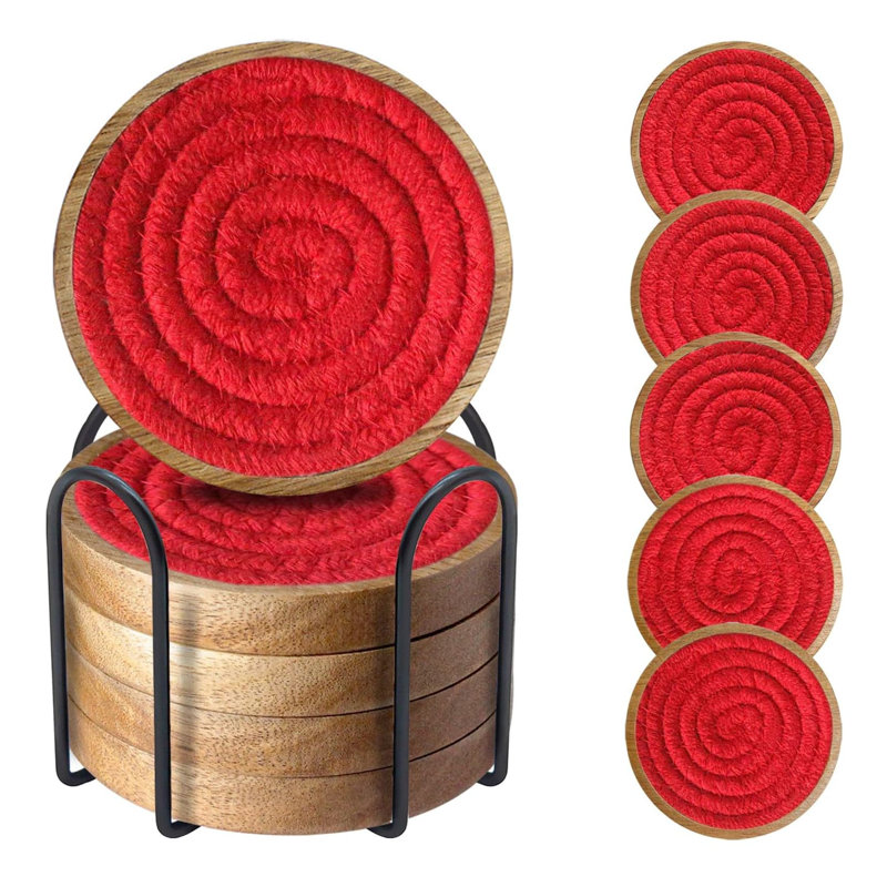 4" 5-Pack Absorbent Woven Wood Coasters - Farmhouse Coffee Table Decor, Red