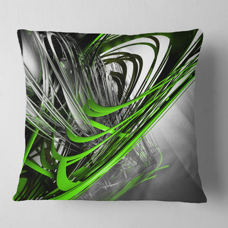 Fractal 3D Green Silver Stripes - coussin imprimé abstrait, 16 po x 1 po, Coussin décoratif