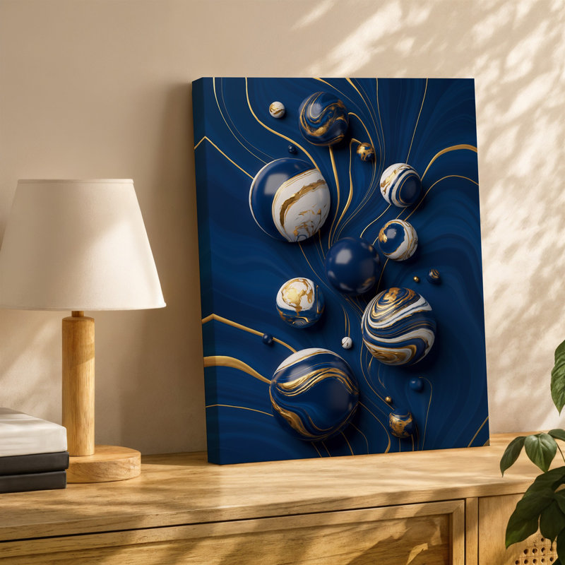 Toile, composition abstraite envoûtante avec formes fluides tourbillonnantes dans un art mural profond bleu marine et riches tons dorés, art mural sur toile