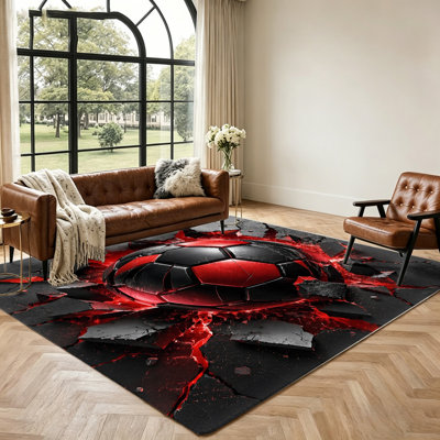 2D Soccer Ball Rug, Realistic Explosion Effect Printed Carpet, Anti-slip Washable Floor Mat for Living Room Bedroom Home Decor, Unique Gift, Indoor, Entryway, Office and Dining Spaces