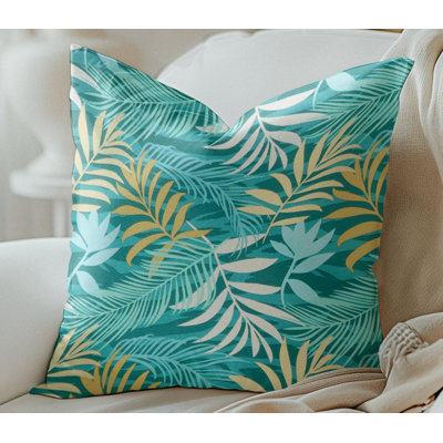 Turquoise Tropical Leaf Print Outdoor Pillow cover