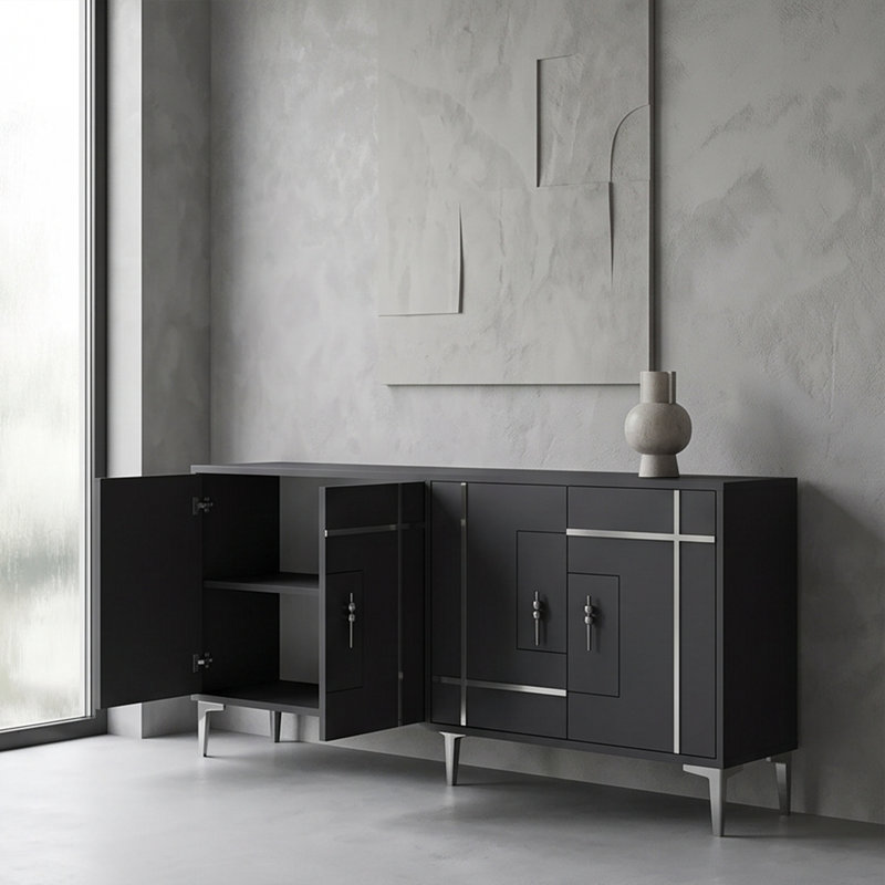 Buffet moderne 4 portes avec panneau géométrique doré / argenté, Argent / anthracite