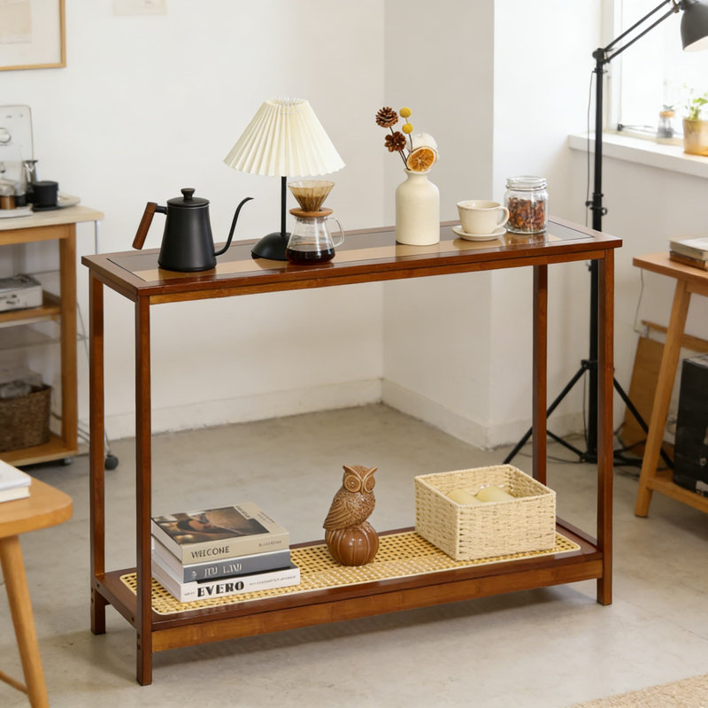 Console mince avec plateau en verre et tablette en rotin - table d'entrée étroite pour les petits espaces, table d'appoint moderne pour le couloir, le salon ou la chambre à coucher