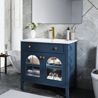 Meuble-lavabo bleu 35,6 po avec verre, éclairage activé par le mouvement, 2 armoires, design, d'inspiration médiévale, lavabo intégré et évier automatique Mid-Century avec beaucoup d'espace de rangement, style et preuve