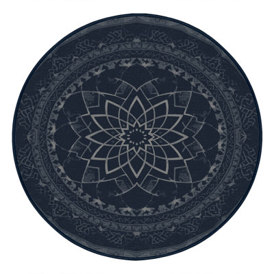 Machine Washable Arverne Global Inspired Geometric Shapes Rug in Gray – Navy Binding