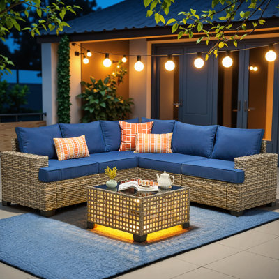 Tommy Modular 5-Person Wicker Patio Sectional with Cushions and Glass Table