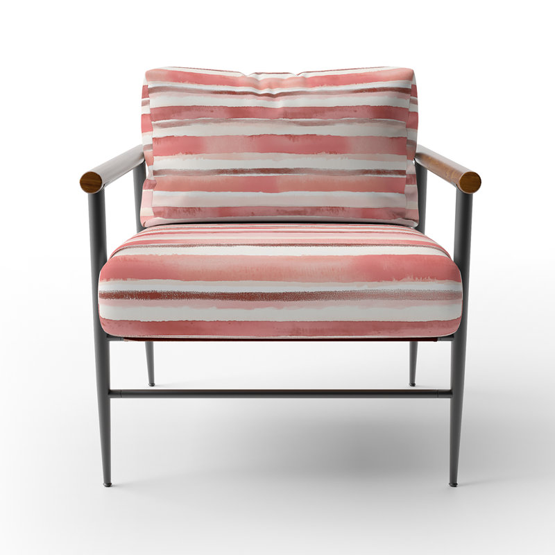 Chaise rembourrée à rayures - rose et beige, Bras ronds bruns