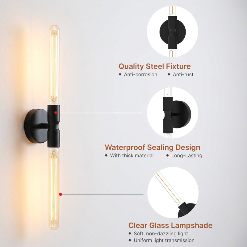 Dimmable Hardwired Wall Sconces, 23.7" Modern Black Bathroom Vanity Lights with Clear Glass & Bulbs, Wall Mount Fixtures for Bedroom Mirror Living Room Hallway