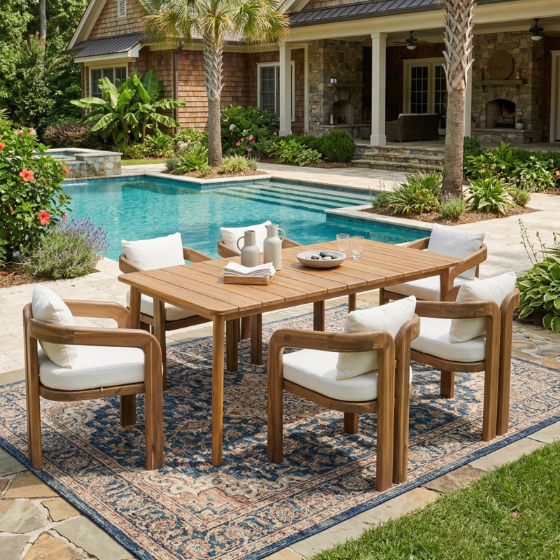 Nordby 6-Person Scandinavian Modern Sustainable Acacia Wood Outdoor Dining Set With Cushions