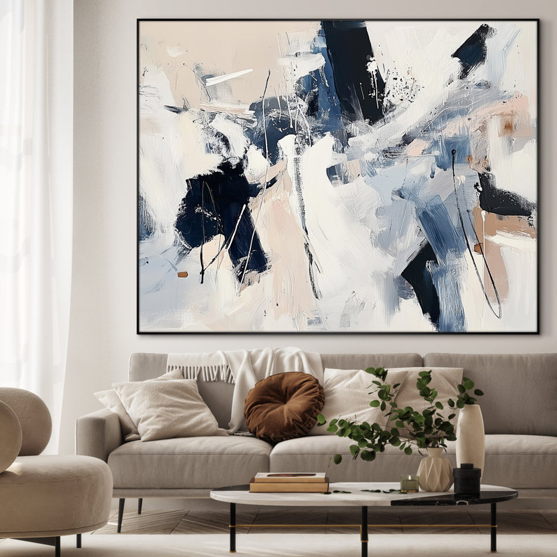 Extra Large Wall Art Fabric Print - Bold Black Blue Abstract Expressionist Style Artwork Decor for Living Room or Bedroom - "Frame Assembly Required (Unfinished Frame)"