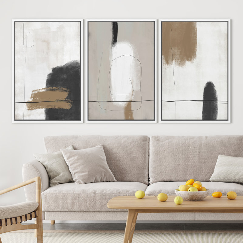 Grunge Brown Gray Paint Abstract Modern Rustic Nordic Home Decor - Framed Canvas Print Wall Art Work, 24" H x 48" W, White