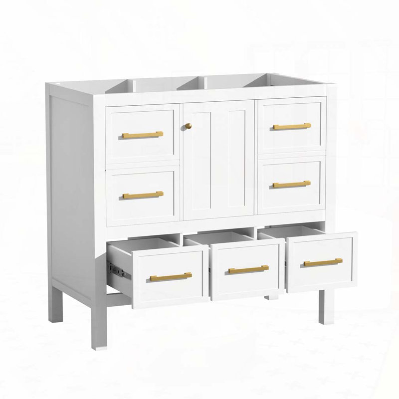 Meuble-lavabo autoportant avec 5 tiroirs et portes à fermeture douce, Blanc