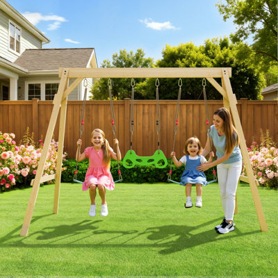 Wooden Swing Sets For Backyard With 2 Belt Swings And Trapeze Bar, Outdoor Playset For Kids, Backyard Discovery Wooden Swing Set