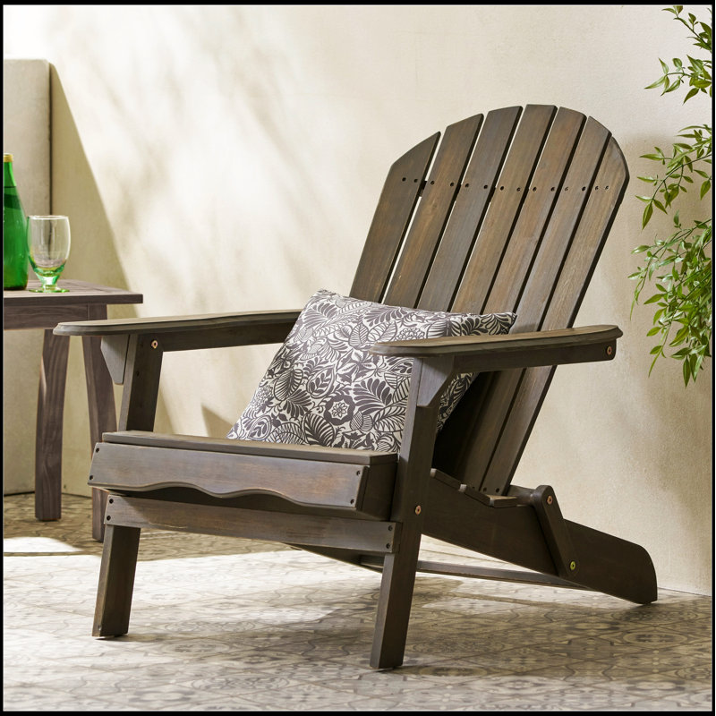 Foldable Acacia Wood Adirondack Chair – Traditional Slats, Wide Armrests, Rustic Outdoor Design, Easy Storage, Gray
