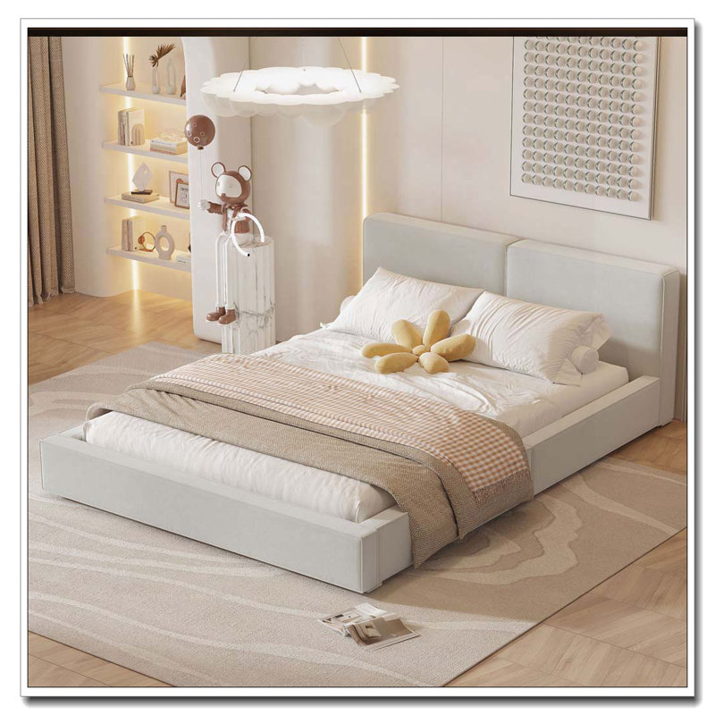 Lit plateforme tapissier avec tissu en velours, lit au sol avec structure solide, Beige