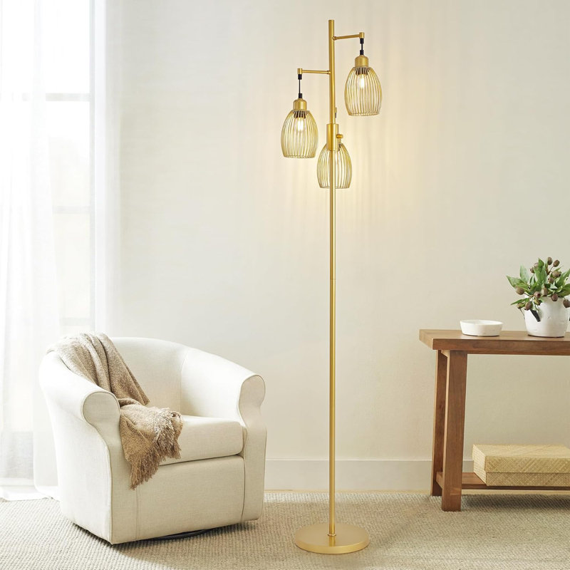 68" Dimmable Industrial Floor Lamp With 3 LED Edison Bulbs, Farmhouse Tree Floor Light For Living Room, Bedroom, Office, Birdcage-Shade Design