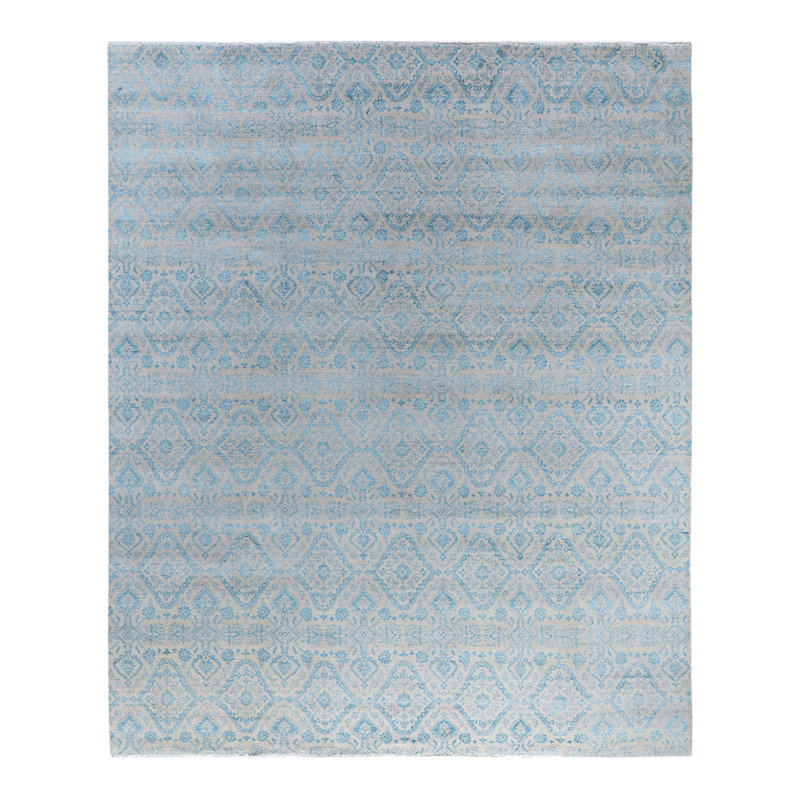 Tapis noué à la main de conception unique Ikat - gris, 9 pi 0 po x 10 pi 2 po