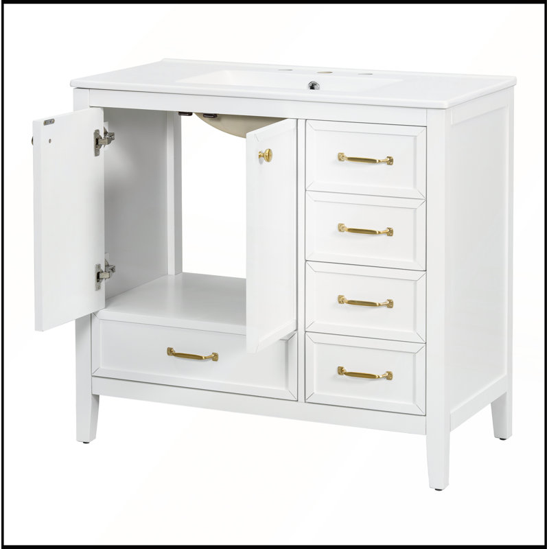Meuble-lavabo 36 po avec lavabo, tiroirs à fermeture en douceur, structure en bois massif, rangement à plusieurs niveaux et lavabo en céramique pour les salles de bain modernes