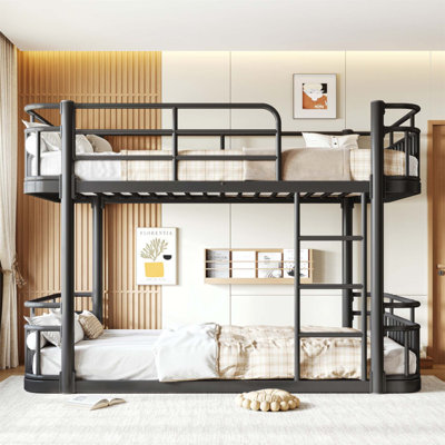 Lit superposé simple au-dessus de simple avec échelles et garde-corps, structure en métal ronde améliorée, polyvalente et élégante pour n'importe quelle pièce (sans matelas)