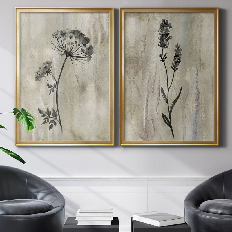 «Sumi-e Silhouette I», ensemble de 2 reproductions d'art, Toile avec cadre, H 30,5 po x l 85 po, Doré