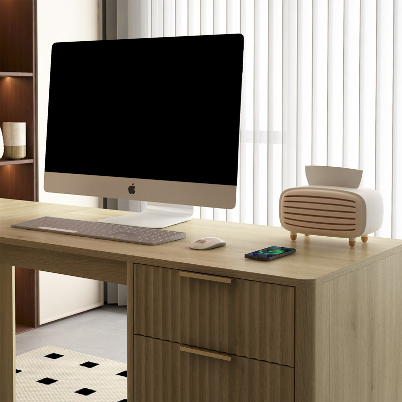 Bureau en L 60 po avec 2 ports USB et 3 ports d'alimentation, rangement, Oak
