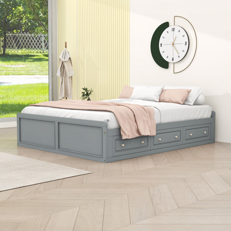 Structure de lit plateforme en bois 6 tiroirs grand format, peu encombrant, Gris