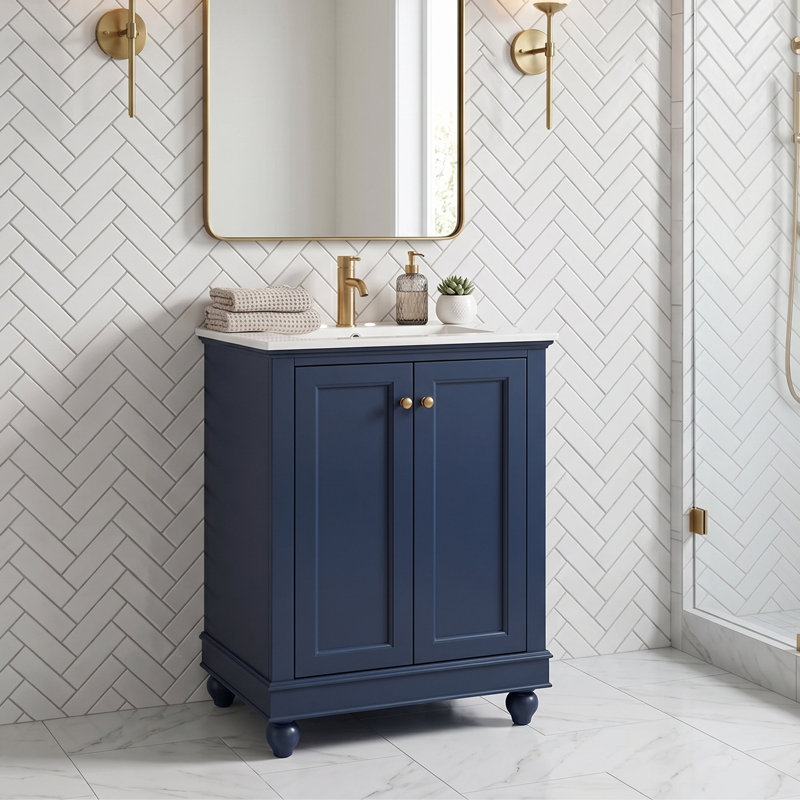 Meuble-lavabo minimaliste 24 po avec pieds sculptés et tablette réglable - Armoire de rangement à fermeture en douceur avec lavabo en céramique pour les petites salles de bain ou les salles d'eau