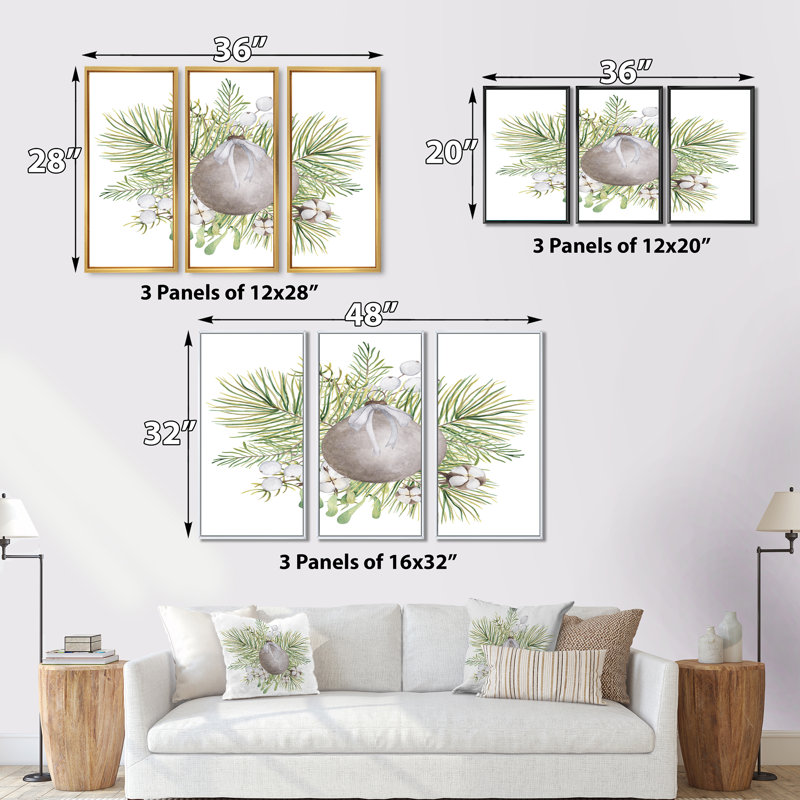 Bouquet de fleurs de Noël avec coton, branches II - reproduction de cadre flottant sur toile 3 pièces, Cadre noir