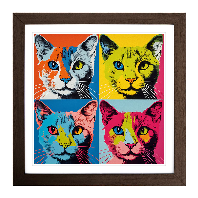 Cat Pop Art No.2 - Single Picture Frame Print on Wood, Walnut