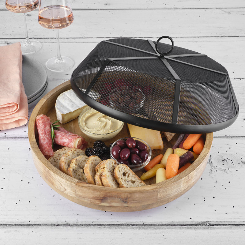 Handcrafted Mango Wood and Black Iron Mesh Lazy Susan, 14 Inches