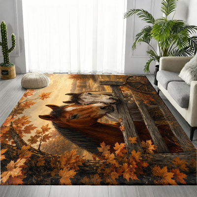 Tapis d'automne à motif de feuilles d'érable Autumn, motif naturel à deux chevaux, tapis antidérapant lavable à la machine, décoration intérieure chaleureuse et artistique pour le salon, la chambre à coucher, le vestibule, la cuisine, le balcon et l'appartement