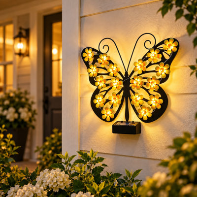 Metal Butterfly Solar Lighted Wall Art Décor, Outdoor Butterfly Garden Décor, Butterfly Yard Art Butterfly Sculpture Lamp for Fence Patio