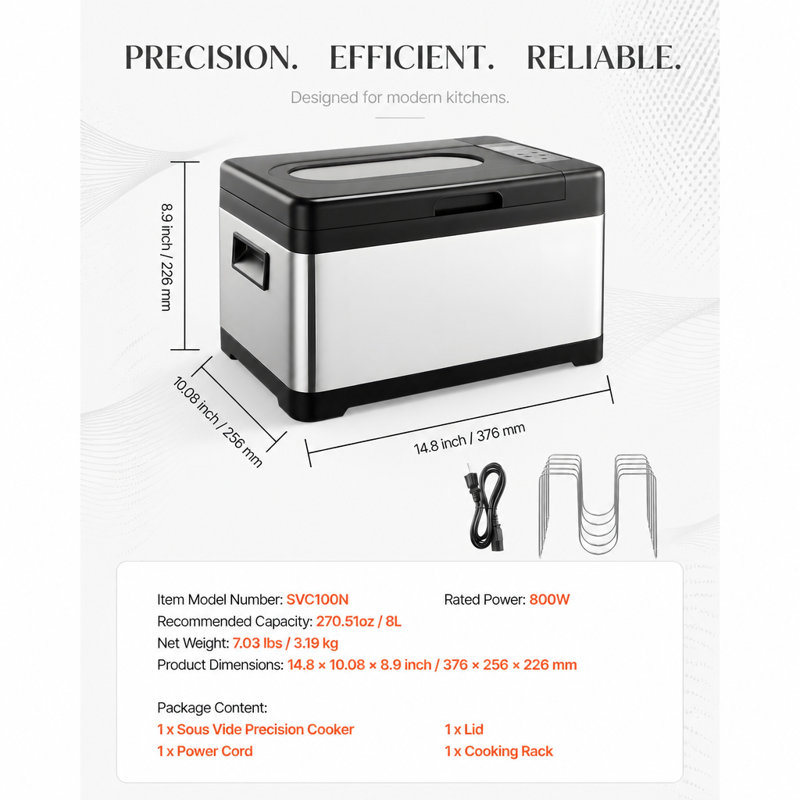 800W Sous Vide Cooker with LED Digital Display and Glass Lid
