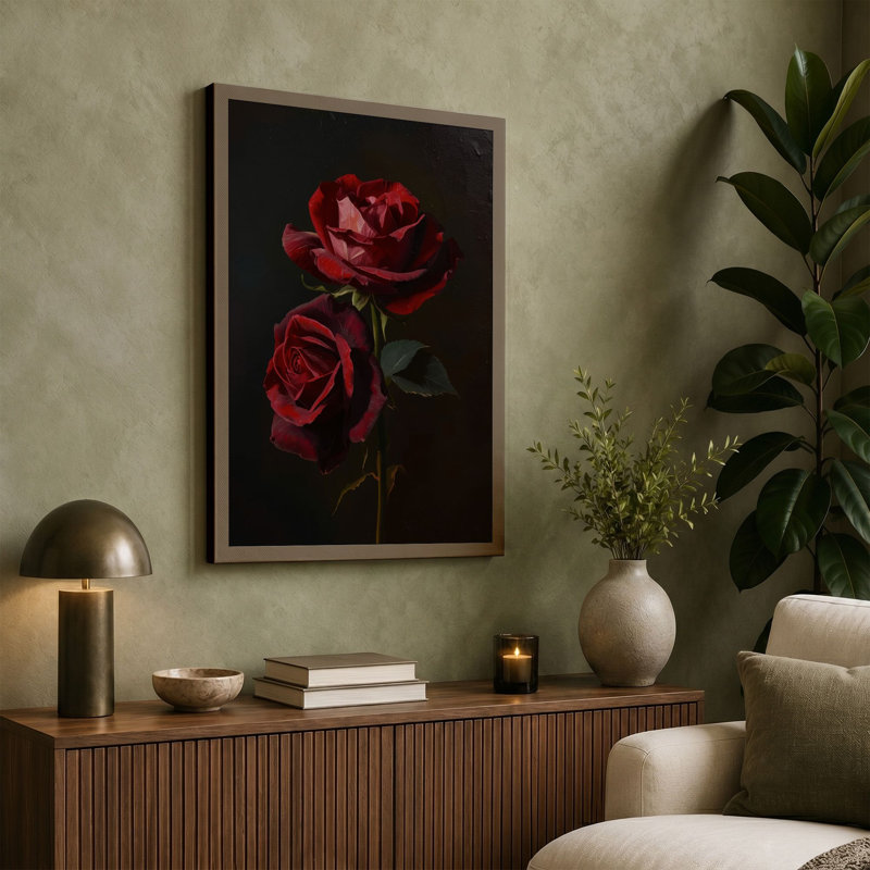 Deep Crimson Roses Botanical - Wrapped Canvas, 36x24 - 91.4 x 61.0 cm, Teal Border