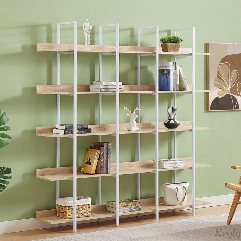 5 Tier Bookcase Home Office Open Bookshelf, Vintage Industrial Style Shelf, MDF Board, White Metal Frame, Oak (Old Sku:WF300935AAC)