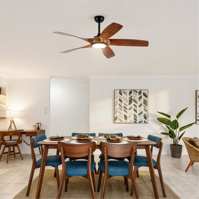 Ventilateur de plafond de 56 pouces à 5 pales en ABS avec ensemble de 3 lumières DEL de couleur, DC 6 vitesses, ventilateur de plafond à télécommande pour patio, salon, chambre à coucher, bureau, intérieur (noir mat + bois)