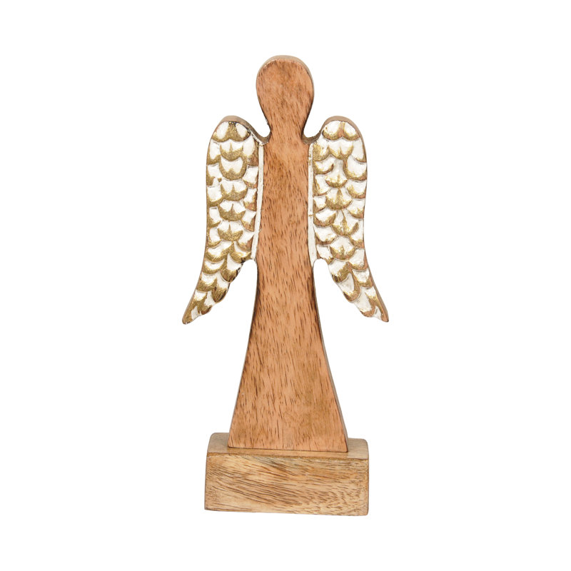 Ange en bois avec des ailes dorées métalliques, objets décoratifs, brun, bois, plateau de table, salon, Noël, décoration de Noël