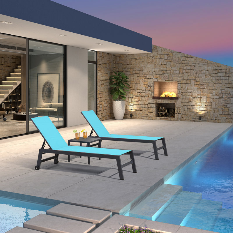 Latitude Run Outdoor Rust-Resistant Metal Chaise Lounge with Table, Blue