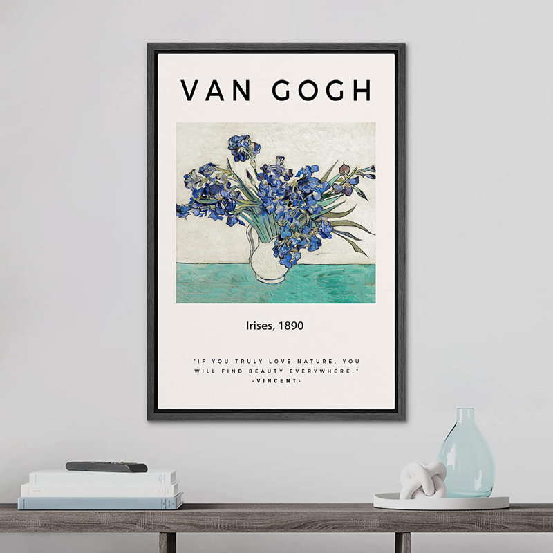 Irises 1890, coups de pinceau décoratifs par Vincent Van Gogh - peinture à cadre flottant, Noir, H 36 po x l 24 po