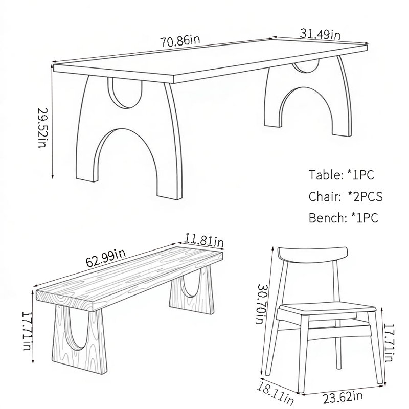 Retro Solid Wood Dining Table Sets, 29.52"H x 70.86"L x 31.49"W, 4 Pieces:  Table, 2 Chairs, Bench