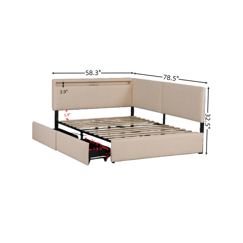 Structure de lit tapissier avec chargement USB et tiroirs de rangement, Lit double