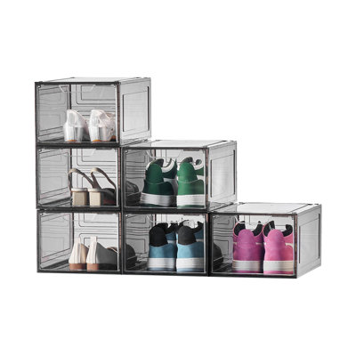 6-Pack Stackable Clear Shoe Storage Boxes with Magnetic Doors - Black Trim, Fits US Size 13