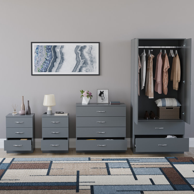 Tayce 4 Piece Bedroom Set (3 Drawer Bedside Chest X2, 5 Drawer Chest, 2 Door 2 Drawer Wardrobe), Grey