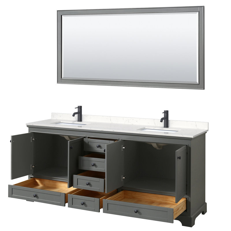 Deborah 80'' Double Bathroom Vanity with Marble Top, Carrara Cultured Marble, Dark Gray, Matte Black