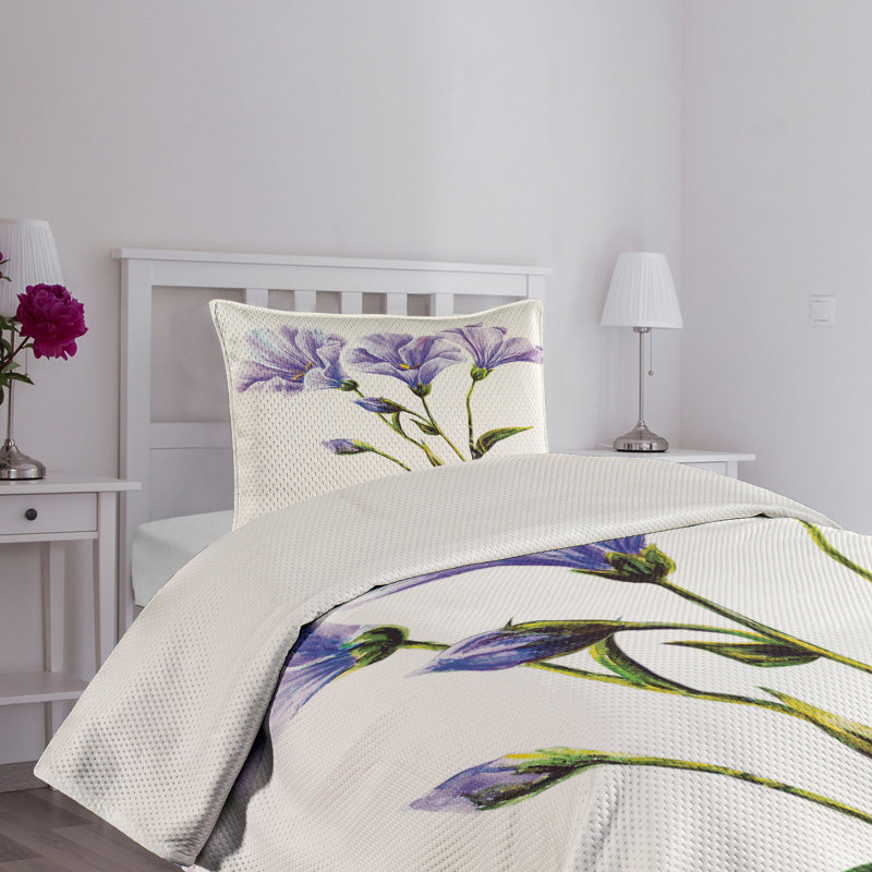 Queen White and Violet Floral Polyester Bedspread Set