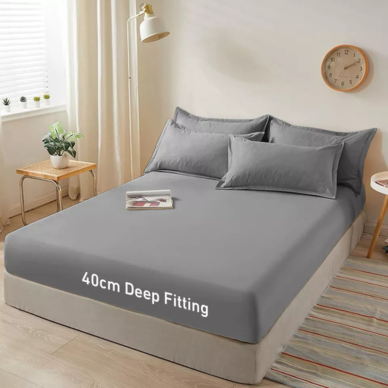 40cm Extra Deep Fitted Sheet - Luxury Microfiber Deep Pocket Bed Sheet Secure Fit, Grey, Super King (6')