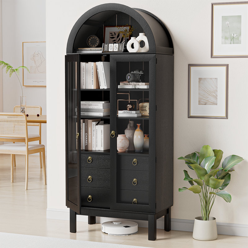 Arched acrylic storage cabinet - Double doors and three drawers (black), Black