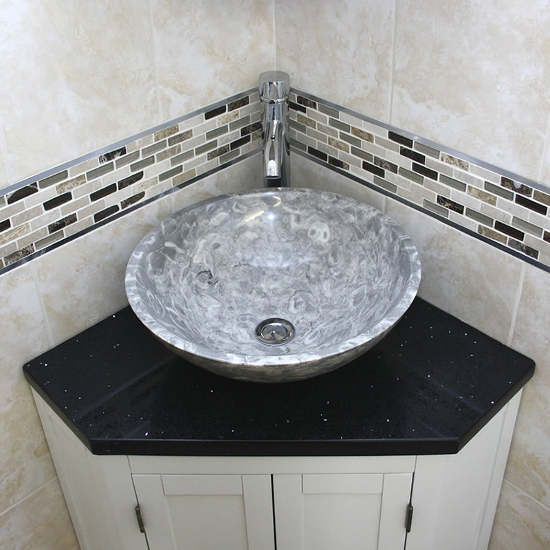 Andrin 550mm Single Bathroom Vanity with Vessel Stone Basin, White, Black Quartz