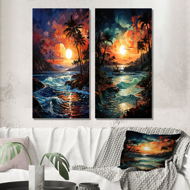 «Colorful Orange Palm Trees Sunset», 2 pièces, H 32 po x l 32 po, Cadre blanc
