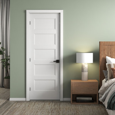 Porte intérieure pré-suspendue à droite de 28 po x 80 po avec ensemble de poignées démontables et charnières noires mates, porte intérieure à panneau creux à 5 panneaux avec alésage et charnière pour porte de salle de bain, garde-manger, porte intérieure de buanderie